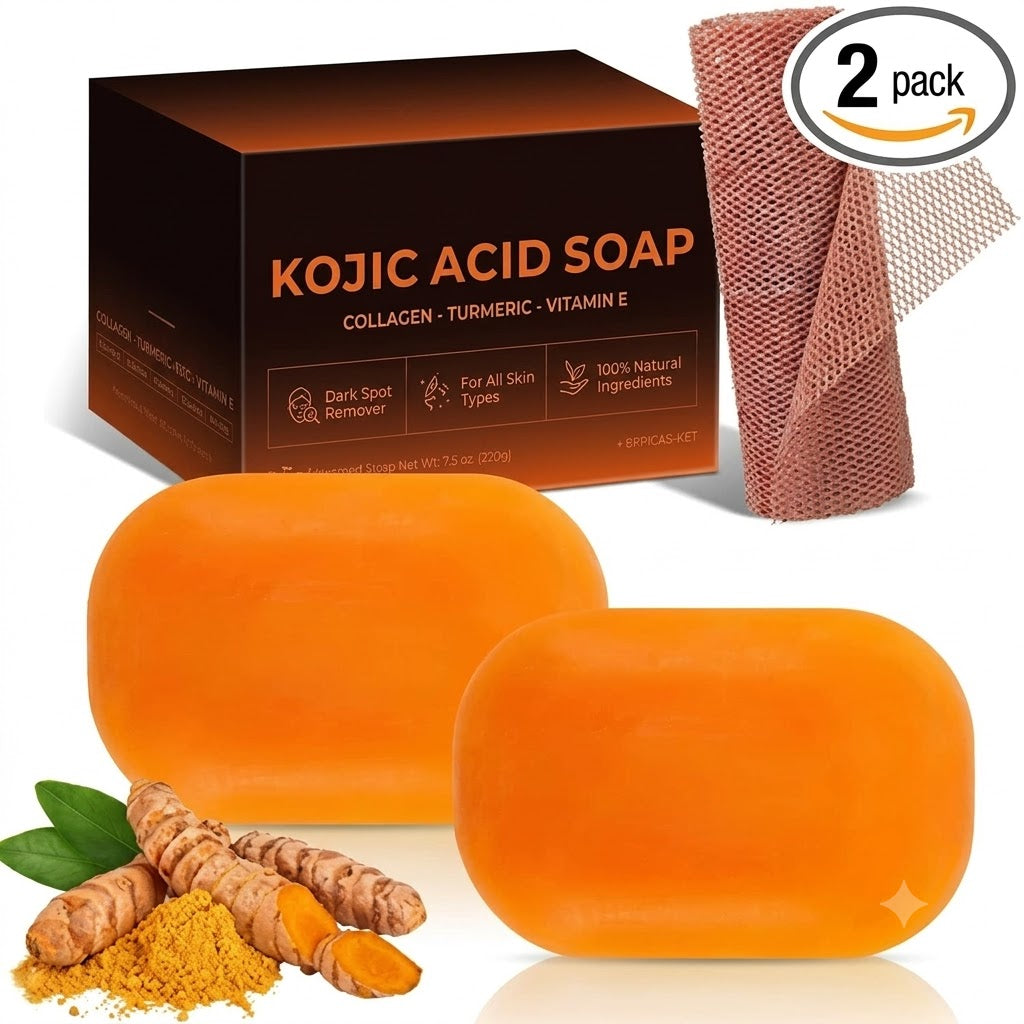 Kojic Acid Soap, Brightening & Hydrating Turmeric Soap Bar for Dark Spots with Vitamin C and Shea Butter, Paraben & Sulfate-Free - 105g x 2 Bars with African Net Sponge