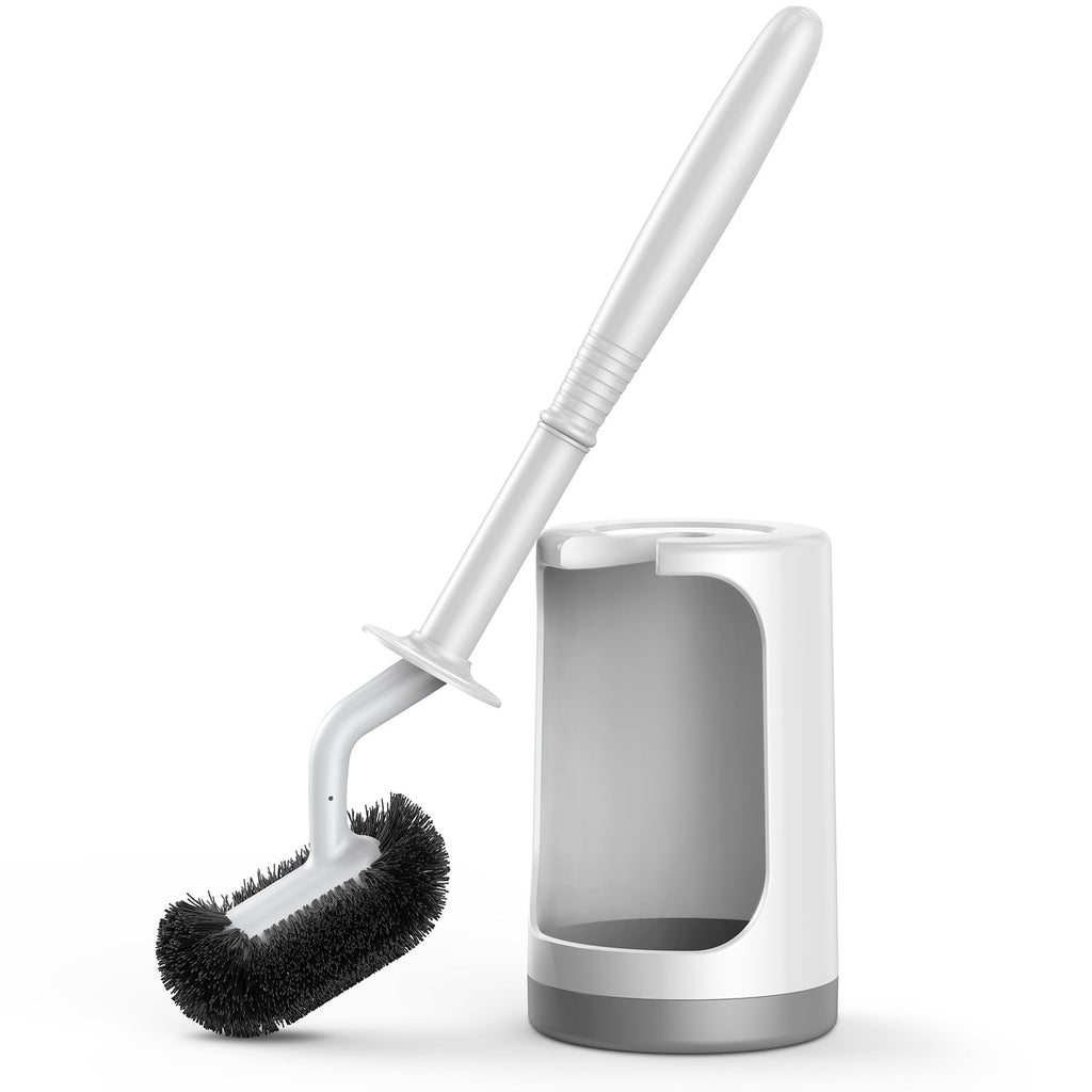 Toilet Bowl Brush Holder Set: Curved Design with Holder for Deep Cleaning Under Rim - Compact Hidden Scrubber for Small Space - Modern RV Bathroom Accessories - White 1 Pack