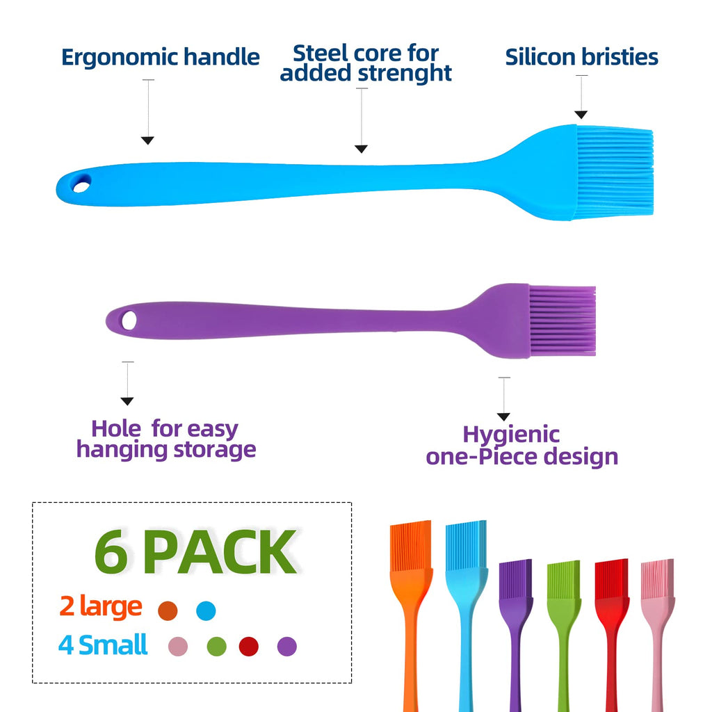 6 PCS Silicone Basting Brush, Upgrade Pastry Brush,Heat Resistant Silicone Brushes, Premium Cooking Brush for Sauce Marinade Meat Glazing, Oil Brush for BBQ Kitchen Cooking Baking and Grilling