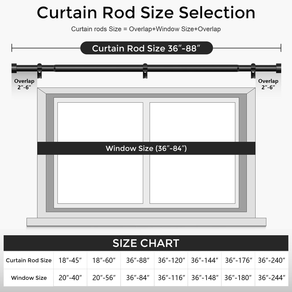 Curtain Rods for Windows 48 to 84 Inch(4-7 Feet),Black 1'' Diameter Drapery Rods with End Cap Style Design,Modern Adjustable Heavy Duty Curtain Rod,Size:36''-88''