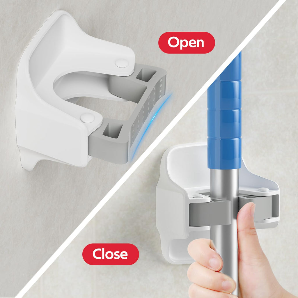 3 Pack Broom Holder Wall Mount Mop Grippers No Drilling Self Adhesive Anti-Slip Mop Handle Hanger Dustpan and Broom Organizer Garage Storage Racks-White