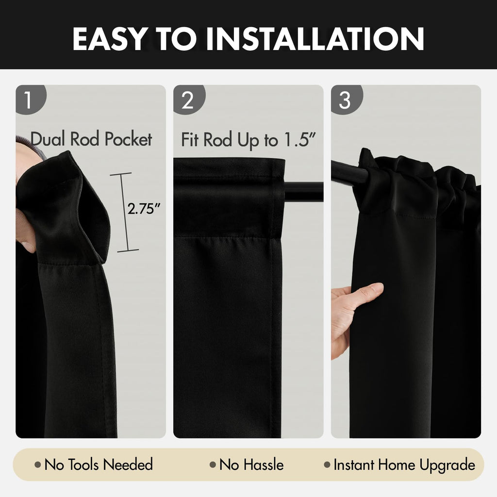 36 Inch Short Blackout Curtains Set of 4, Over Sink Kitchen Tier Curtain Thermal Insulated Privacy Drapes Mini Top & Bottom Rod Pocket Cafe Curtains for Small Windows Bathroom RV, Black