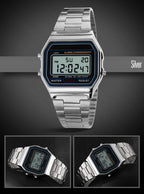 Unisex Men's Digital Watch Silver Stainless Steel LED Backlit Electronic Multifunction Date Alarm Stopwatch Square Woman Waterproof Sport Watches (Silver)