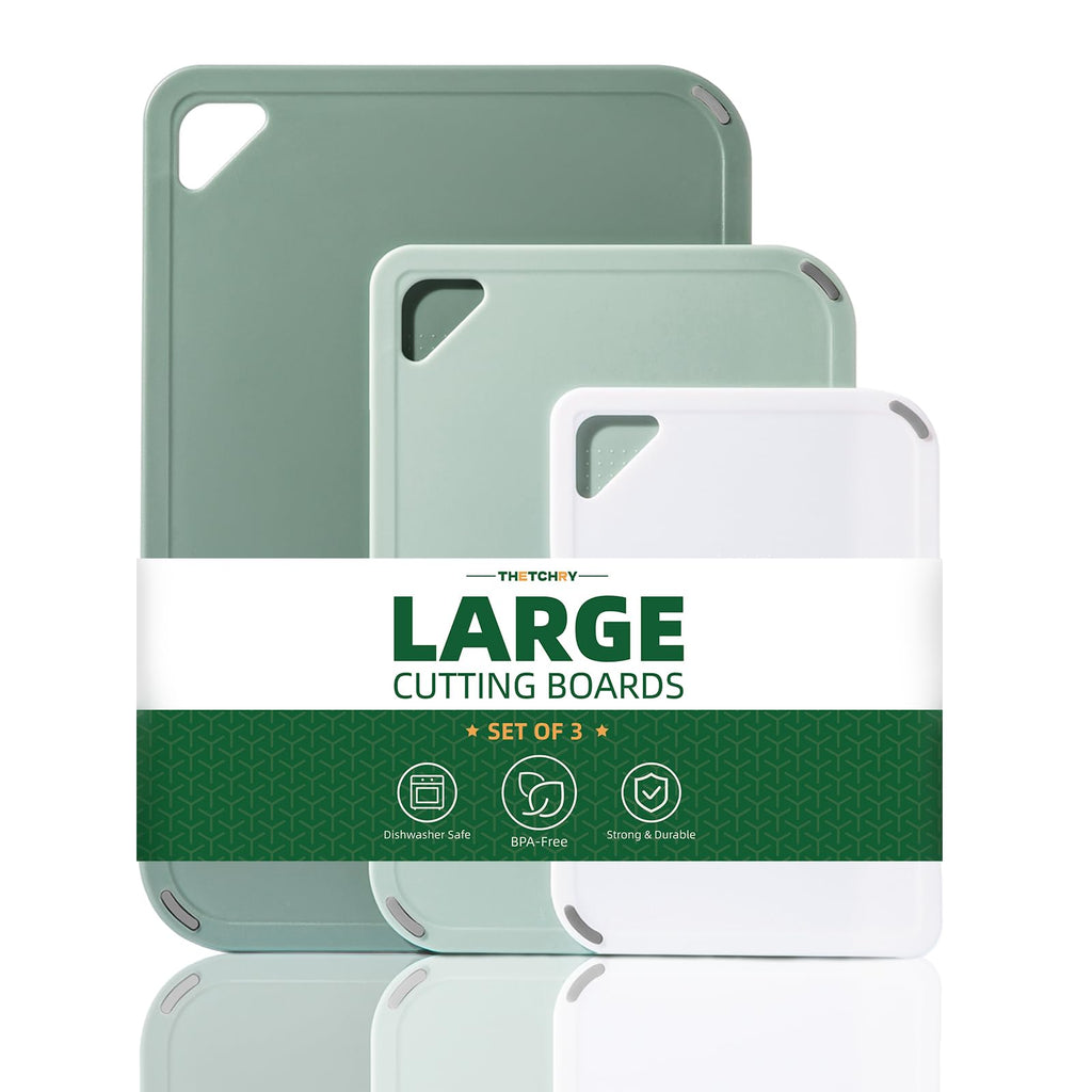 Plastic Cutting Board Set of 3-Cutting Boards for Kitchen BPA Free, Large-Small Chopping Boards Non-Slip for Cooking Camping Dishwasher Safe, Reversible, with Grip Handle, 15"×10"×0.25" Green