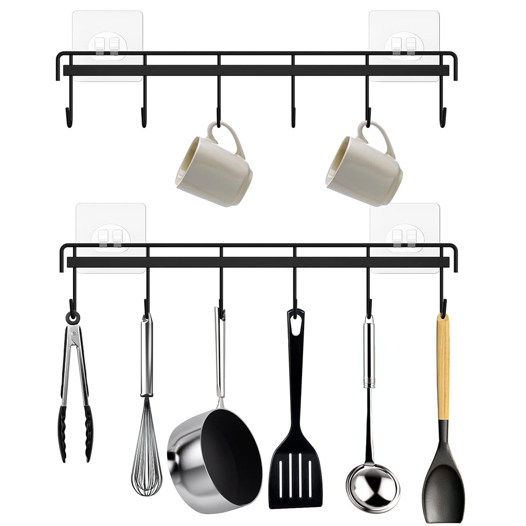 Kitchen Utensil Hanger, Adhesive Utensil Holder Wall Mount Kitchen Rack Rail with 12 Hooks, Space Saving and No Drilling, Black, 2 Pcs