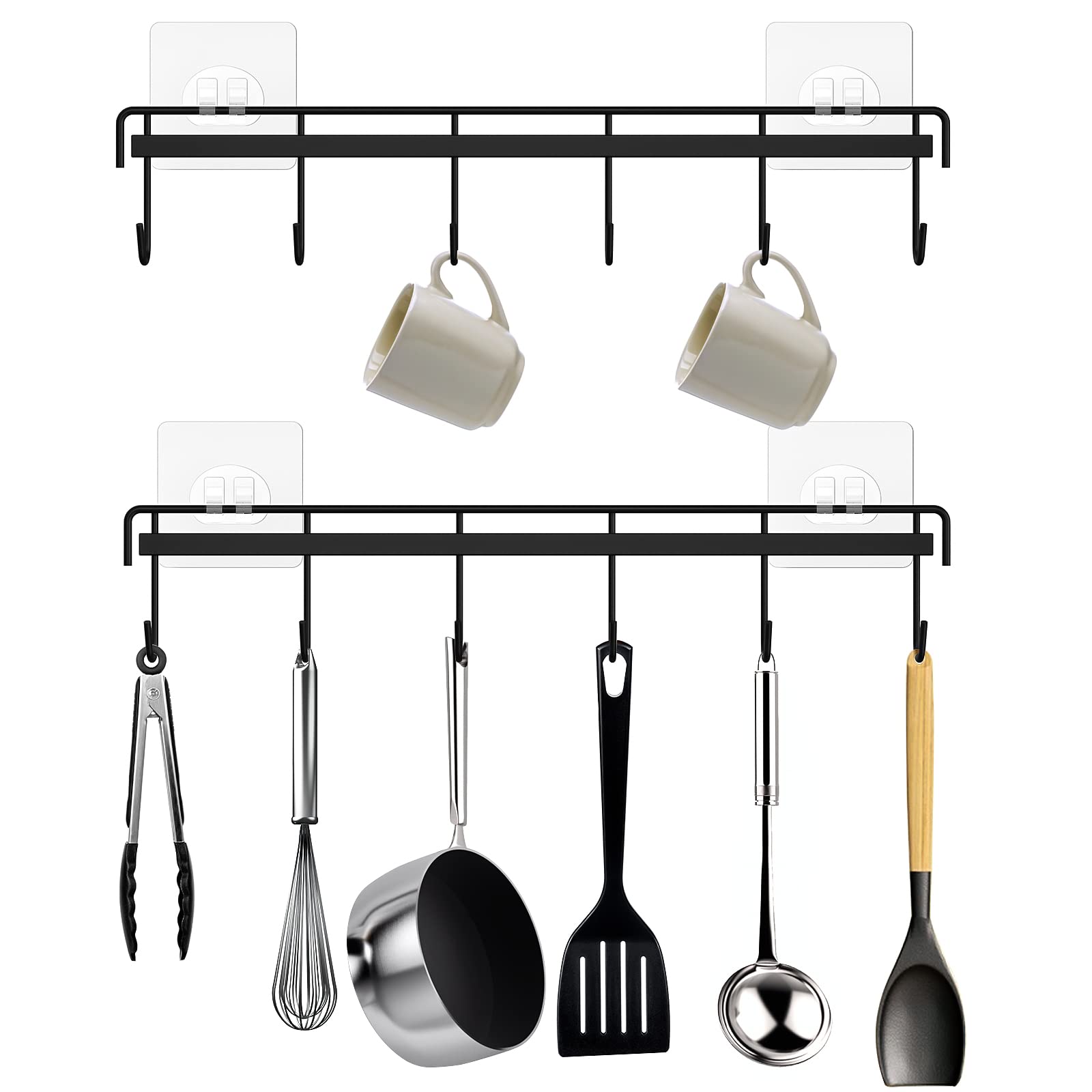 Kitchen Utensil Hanger, Adhesive Utensil Holder Wall Mount Kitchen Rack Rail with 12 Hooks, Space Saving and No Drilling, Black, 2 Pcs