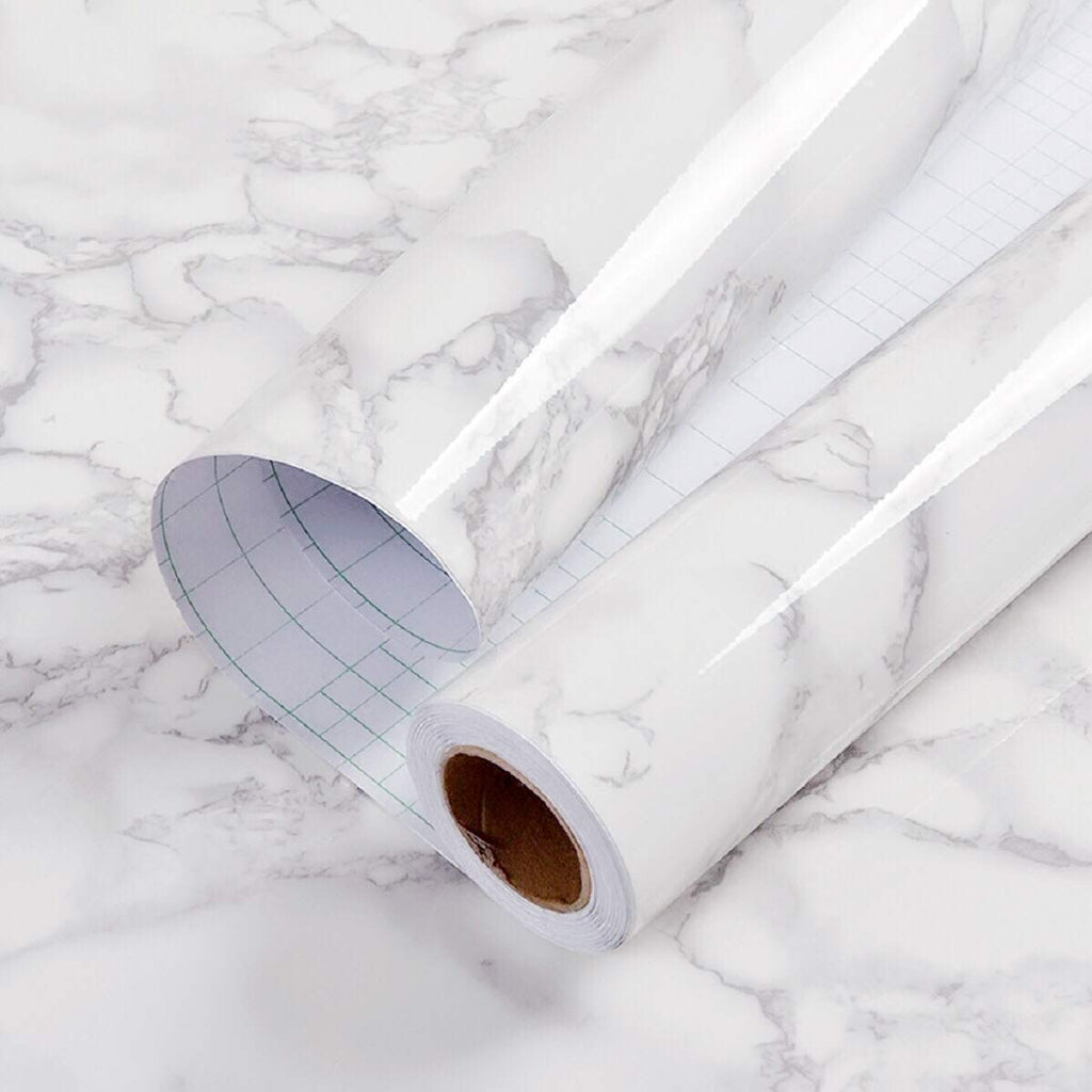 Glossy Marble Contact Paper Granite White/Grey Kitchen Countertop Cabinets Furniture Refurbishment Wall Paper Thick Removable Wallpaper Peel and Stick Wall Decor Vinyl Wrap 11.8"x78.7"
