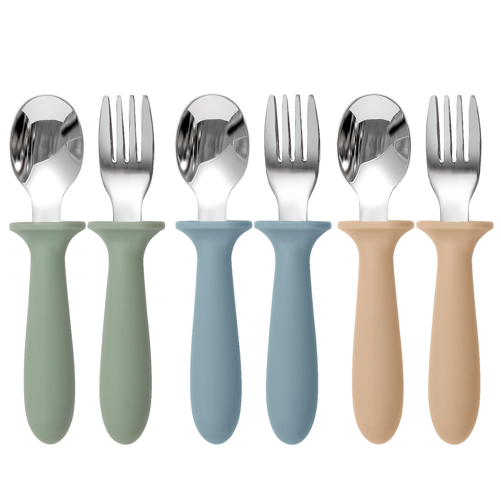 Toddler Utensils, 6 Pack kids Silverware Set with Silicone Handle, 18/8 Stainless Steel Children Safe Forks and Spoons, Dishwasher Safe