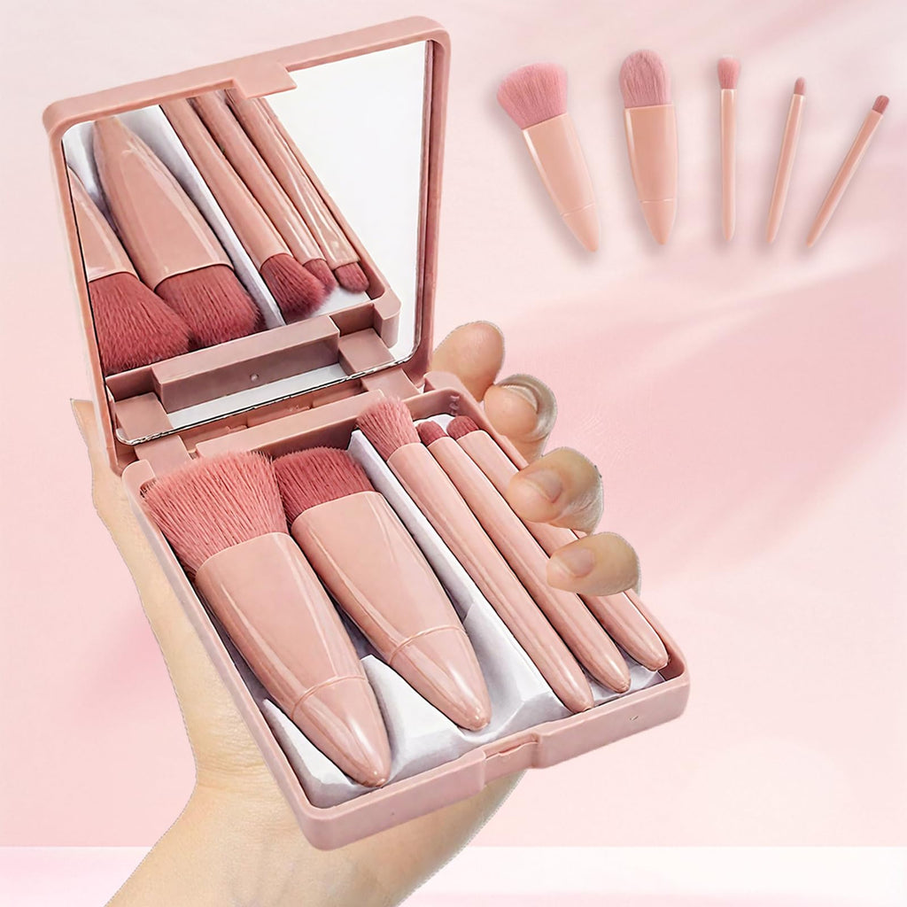 5pc Makeup Brush Set with Mirror & Storage Box – Portable Multifunctional Powder/Blush Brush, Mini Foundation & Eyeshadow Brushes for On - the - Go Beauty Touch - Ups