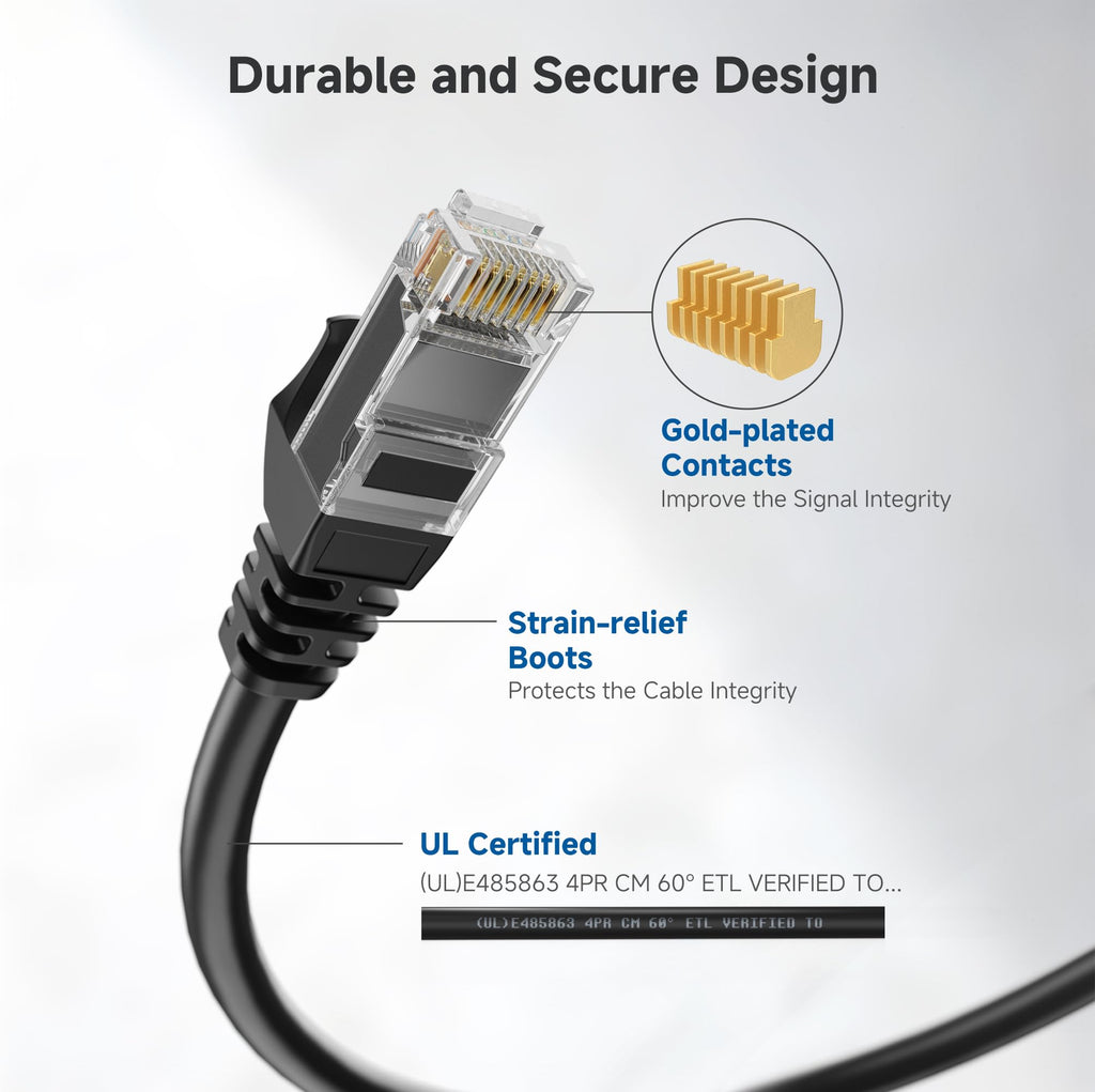 10Gbps Snagless Cat 6 Ethernet Cable - 4ft, Cat 6 Cable, Cat6 Cord, Ethernet Cord, Black