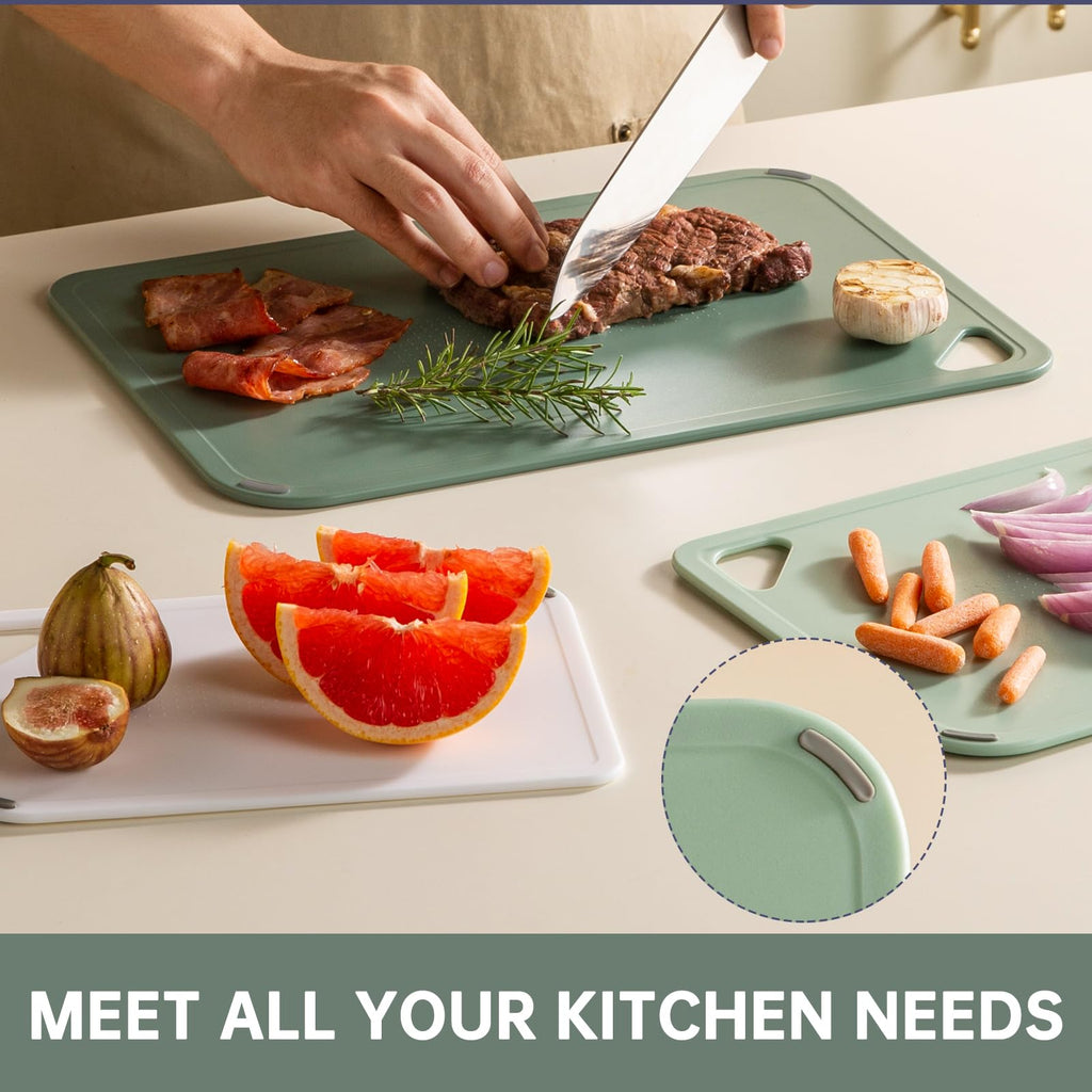 Plastic Cutting Board Set of 3-Cutting Boards for Kitchen BPA Free, Large-Small Chopping Boards Non-Slip for Cooking Camping Dishwasher Safe, Reversible, with Grip Handle, 15"×10"×0.25" Green