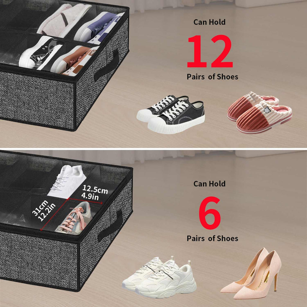 Sturdy Under Bed Shoe Storage Organizer, Set of 2, Fit 12 to 24 Pairs, Underbed Shoes Closet Storage Solution with Clear Window, Breathable, L29.3 x W23.6 x H5.9, Linen-like Black, MXAUBSB2P