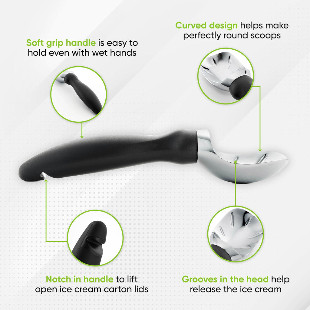 Heavy Duty Ice Cream Scoop with Comfortable Handle - Professional Ice Cream Scooper for Gelato, Sorbet, Cookie Dough, Melon, Frozen Yogurt - Dishwasher Safe Metal Kitchen Tool - Black