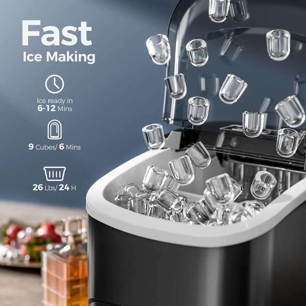 Ice Makers Countertop,9 Cubes in 6 Mins,2 Sizes of Bullet Ice,Portable Ice Maker Machine with Handle,26.5Lbs/24H,Self-Cleaning for Home Use(Black)