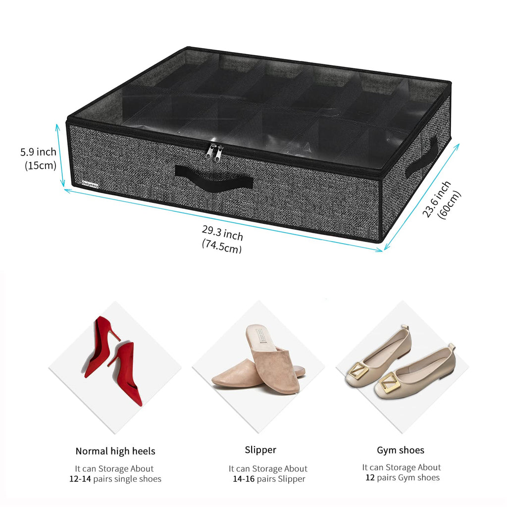Sturdy Under Bed Shoe Storage Organizer, Set of 2, Fit 12 to 24 Pairs, Underbed Shoes Closet Storage Solution with Clear Window, Breathable, L29.3 x W23.6 x H5.9, Linen-like Black, MXAUBSB2P