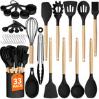 Kitchen Utensils Set - 33 PCS, Heat-Resistant Silicone Cooking Utensils Set with Wooden Handle, BPA-Free Kitchen Gadgets Spatula Sets with Holder for Nonstick Cookware (Black)