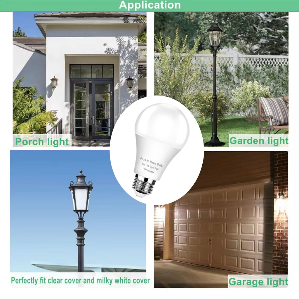 4-Pack Dusk to Dawn Light Bulbs Outdoor 75 Watt Equivalent, Automatic On/Off Sensor LED Bulb, 10W Daylight 5000K,1100 Lumen, A19 E26 Bulbs Photocell for Wall lamp Porch Garage Yard Light(Non-dimmable)