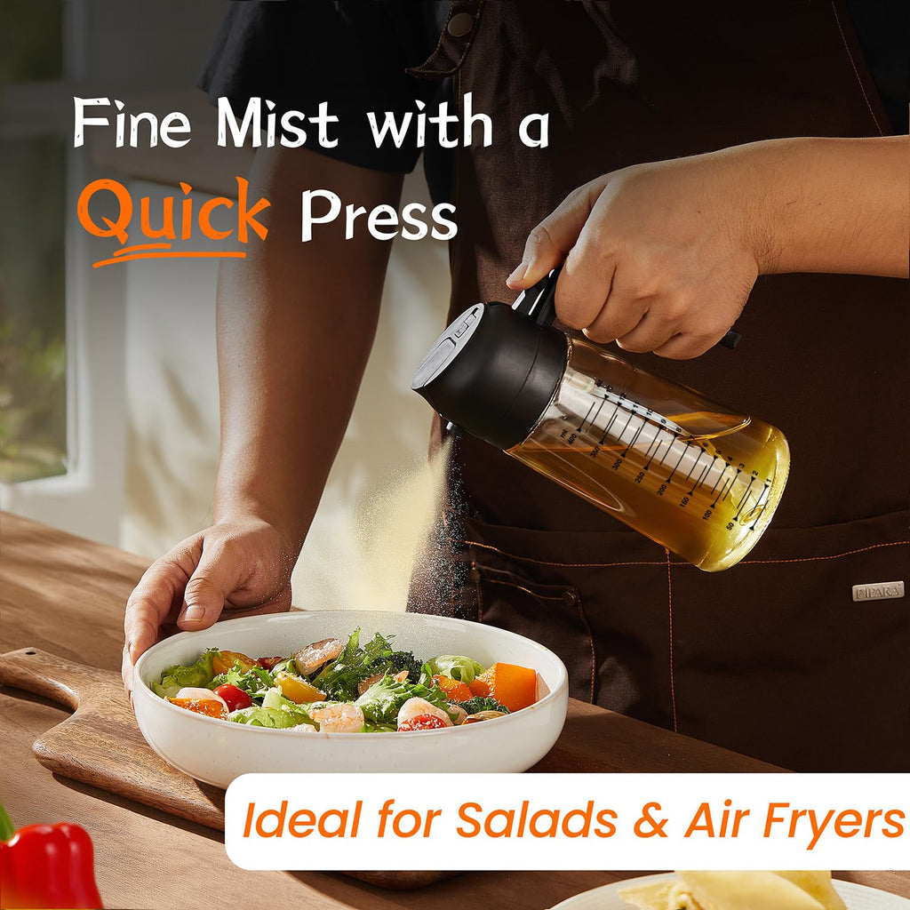 16oz/470ml Glass Olive Oil Sprayer for Cooking – 2 in 1 Olive Oil Dispenser Bottle for Kitchen Gadgets and Air Fryer Accessories, Salad, BBQ - Black