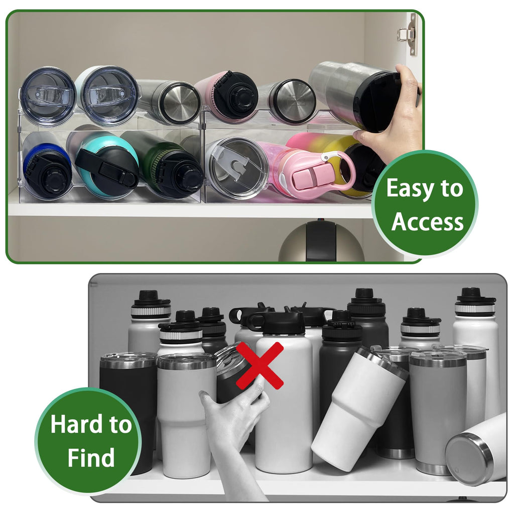 2 Pack Water Bottle Organizer, Stackable Kitchen Pantry Storage Shelf, Plastic Water Bottle Holder for Cabinet and Fridge Organization