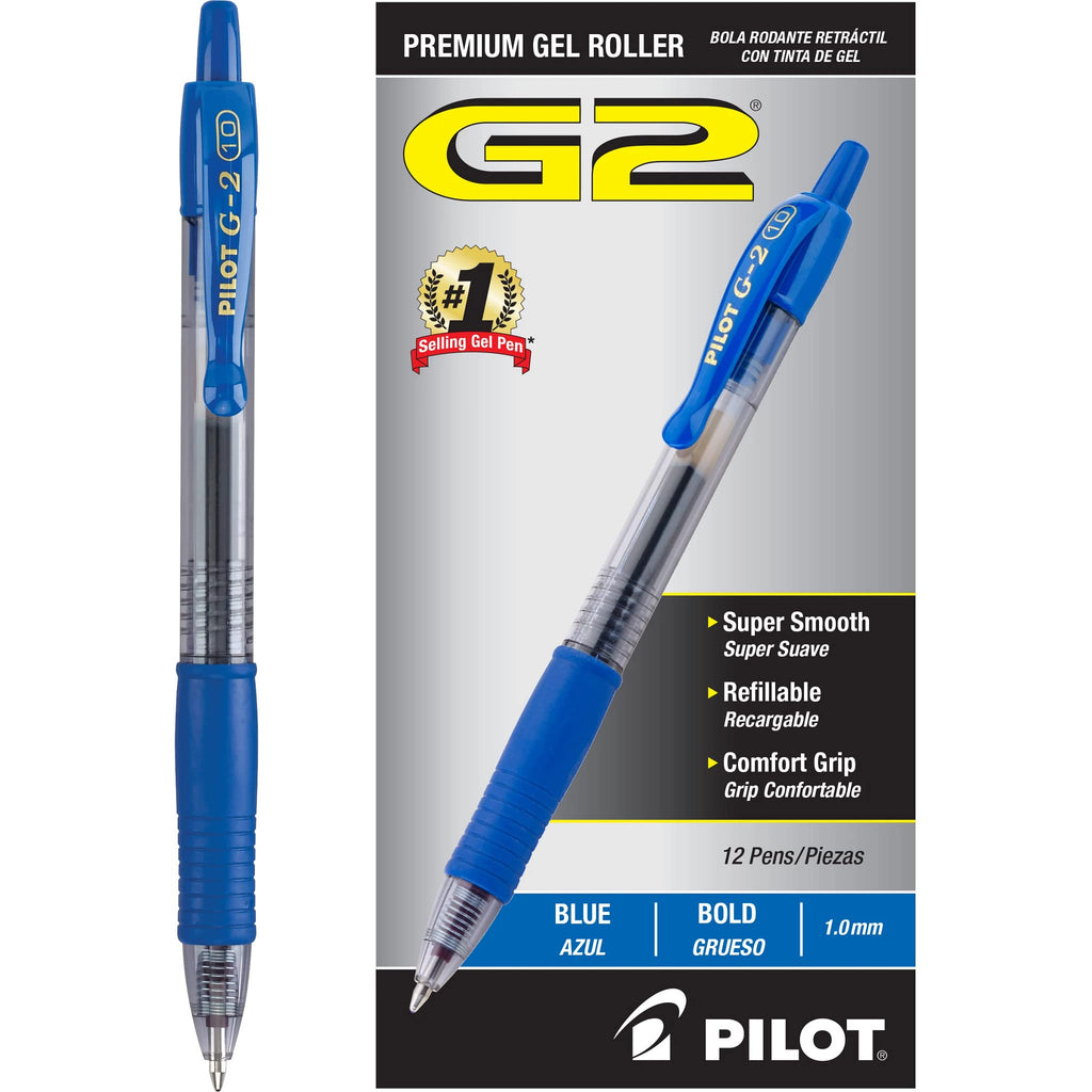 G2 Premium Gel Roller Pens, Bold Point 1 mm, Blue Ink Pens Bold Point, Pack of 12 - Ideal for School, Journaling, and Office Writing