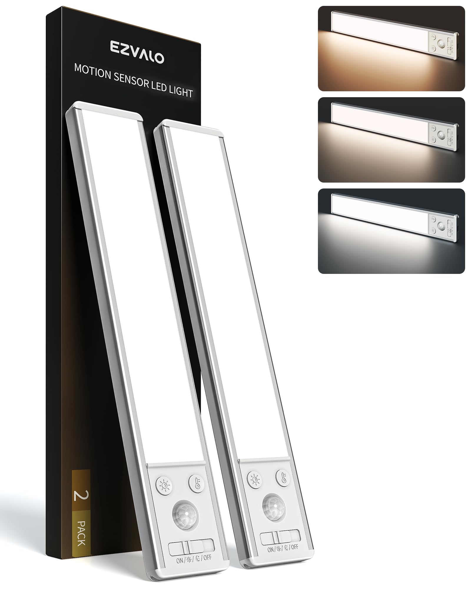 10inch Under Cabinet Lighting, 2500mAh Rechargeable Motion Sensor Lights Indoor with 3 Color Temps, 2 Pack Magnetic Closet Light, 80 LED Dimmable Under Counter Lights for Kitchen, Shelf, Stair