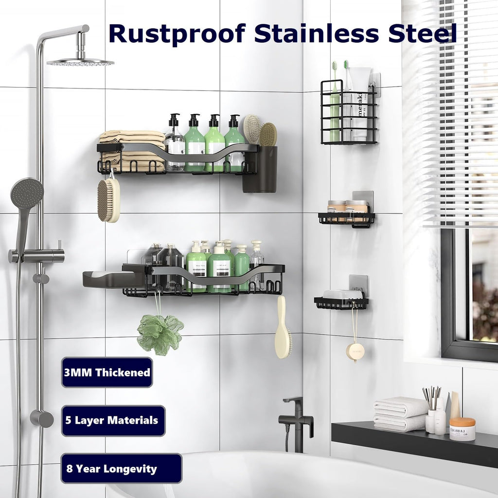 Shower Caddy Adhesive Shower Organizer 7-Pack, Rustproof Stainless Steel Bathroom Shelves, Large Capacity No-Drill Rack Storage Accessories with Soap Dish Toothbrush Holder &24 Hooks Home Decor