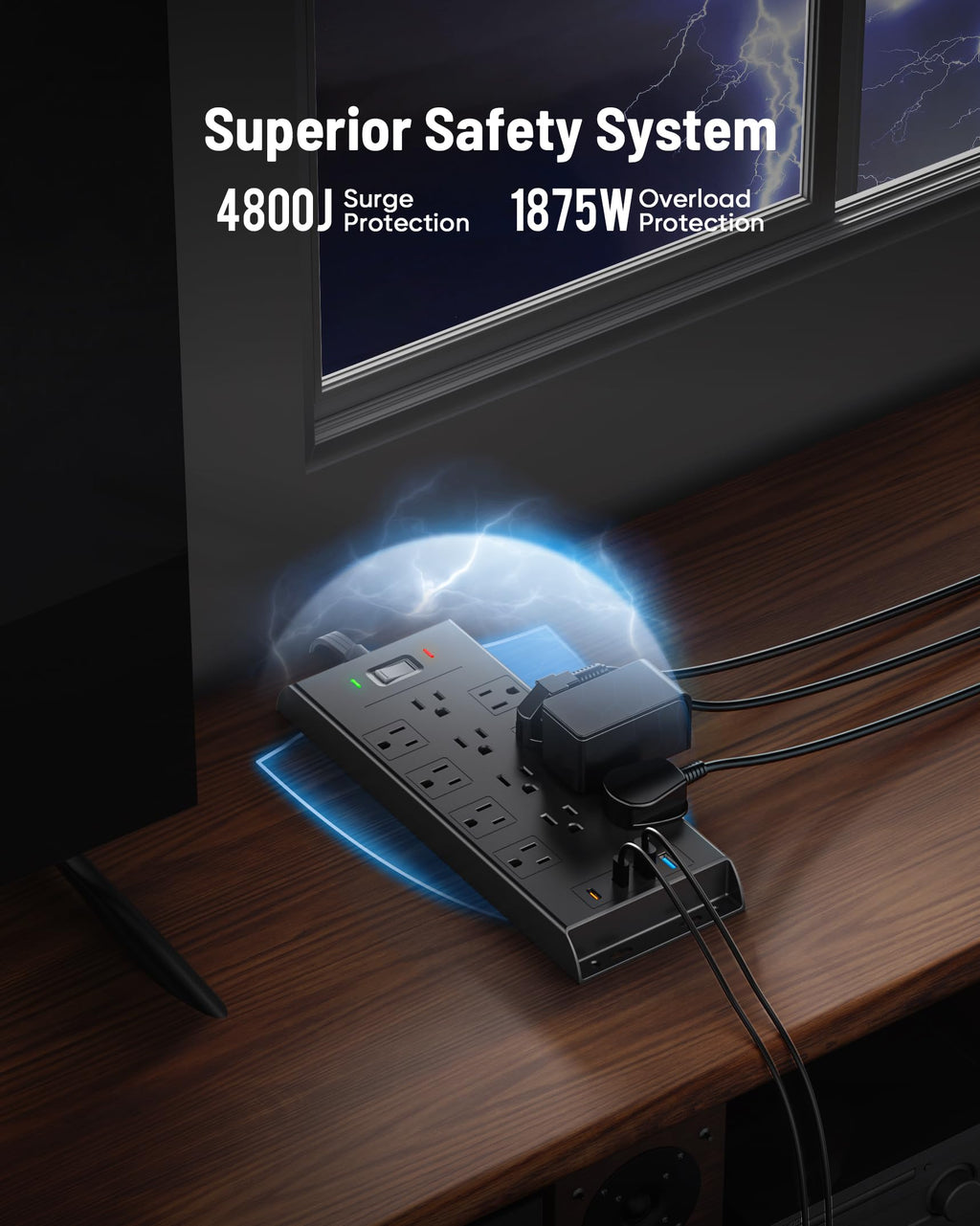 Surge Protector Power Strip 4800J, 10Ft Long Extension Cord Flat Plug, 12 Outlets 2 USB C 2 USB Ports, Wall Mountable, Desk Charging Station, Black