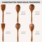 6 Piece Wooden Spoons for Cooking – Natural Teak Wooden Utensil Set, Easy to Clean, Durable, Smooth with Comfort Grip - Non Toxic Wooden Cooking Utensil Sets