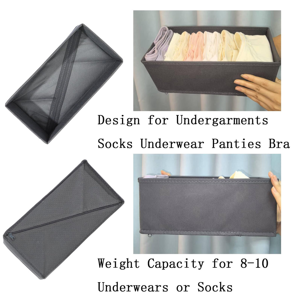 Sock Drawer Organizer 3 Pack - Collapsible Fabric Storage Bins for Underwear Divider, Small Closet Organizers with 3 Compartments, Gray