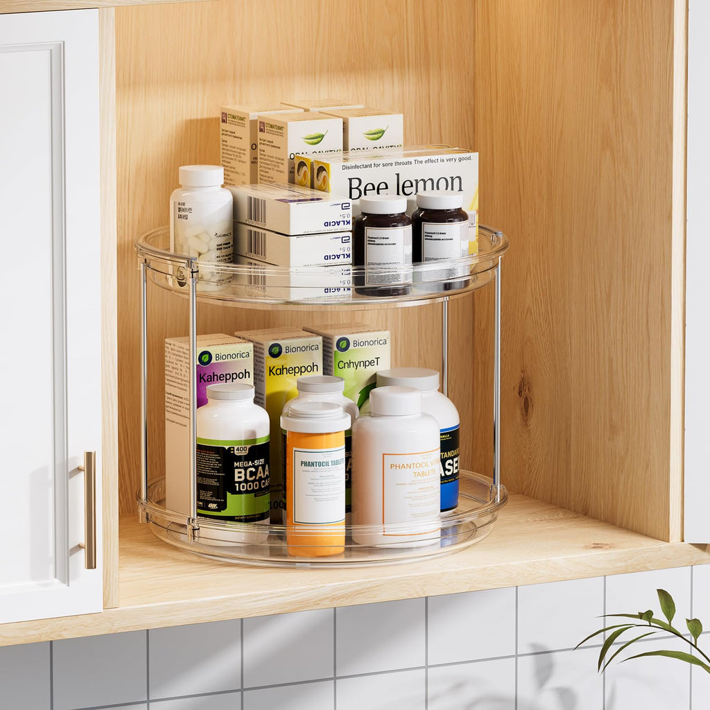 2 Tier Lazy Susan Turntable Organizer 9.25'' Rotating Spice Rack Organization for Cabinet, Kitchen, Pantry, Countertop, Bathroom, Vanity, Medicine Cabinet Organizer, Clear