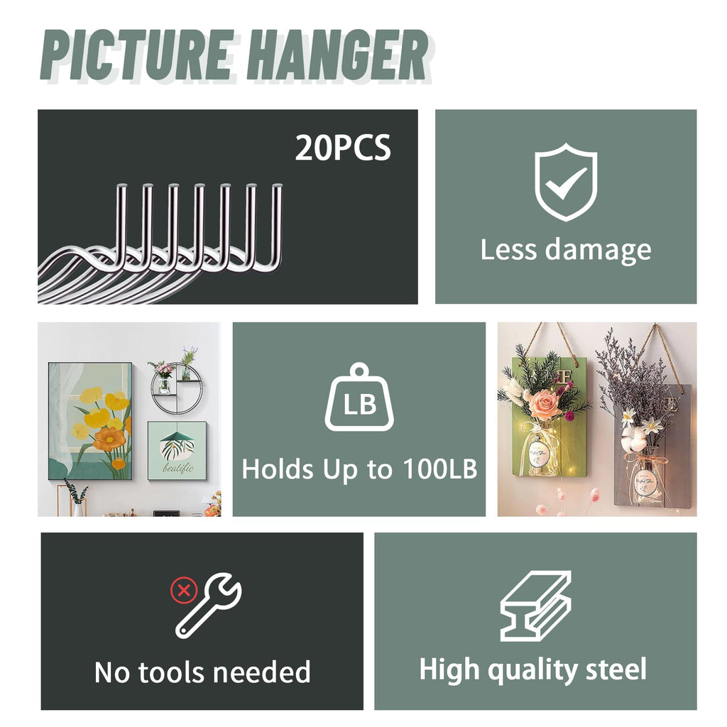20pcs Super Hook Picture Hangers and Office Pack, Drywall Hooks for Hanging Pictures, Wall Hooks, Picture Hangers, Picture Hanging Kit，Hang Art, Clock, Shelves, Mirrors
