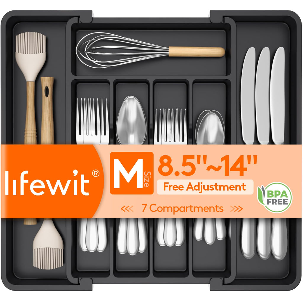 Expandable Silverware Organizer, Plastic Utensil Tray for Kitchen Drawer, BPA Free Flatware Cutlery Holder, Space-Saving Storage for Spoons Forks Knives, 8.5-14 x 12 x 1.5 inch, Black