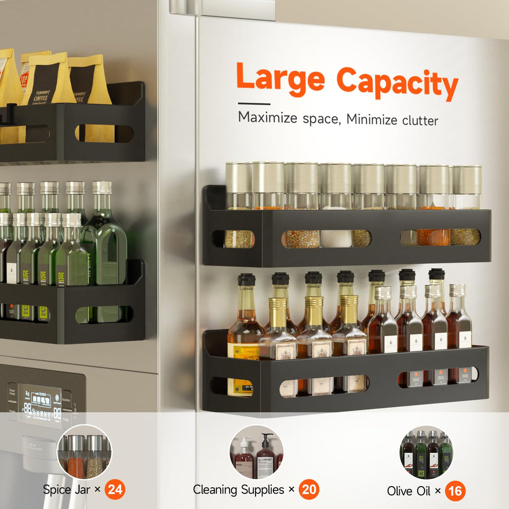 4 Pack Strong Magnetic Spice Rack for Refrigerator, Multipurpose Magnetic Shelf for Fridge with 4 Hooks for Kitchen and Bathroom Organization, Black