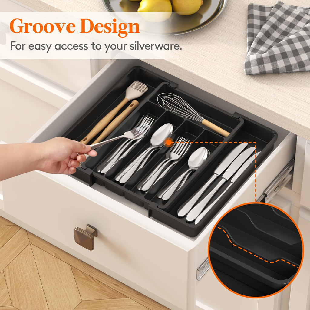 Expandable Silverware Organizer, Plastic Utensil Tray for Kitchen Drawer, BPA Free Flatware Cutlery Holder, Space-Saving Storage for Spoons Forks Knives, 8.5-14 x 12 x 1.5 inch, Black