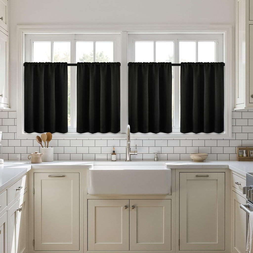 36 Inch Short Blackout Curtains Set of 4, Over Sink Kitchen Tier Curtain Thermal Insulated Privacy Drapes Mini Top & Bottom Rod Pocket Cafe Curtains for Small Windows Bathroom RV, Black