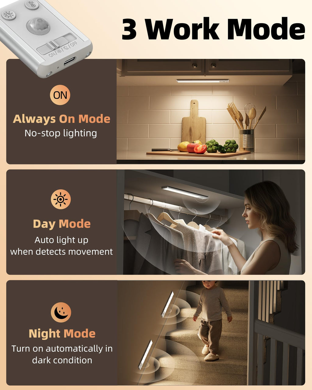 10inch Under Cabinet Lighting, 2500mAh Rechargeable Motion Sensor Lights Indoor with 3 Color Temps, 2 Pack Magnetic Closet Light, 80 LED Dimmable Under Counter Lights for Kitchen, Shelf, Stair
