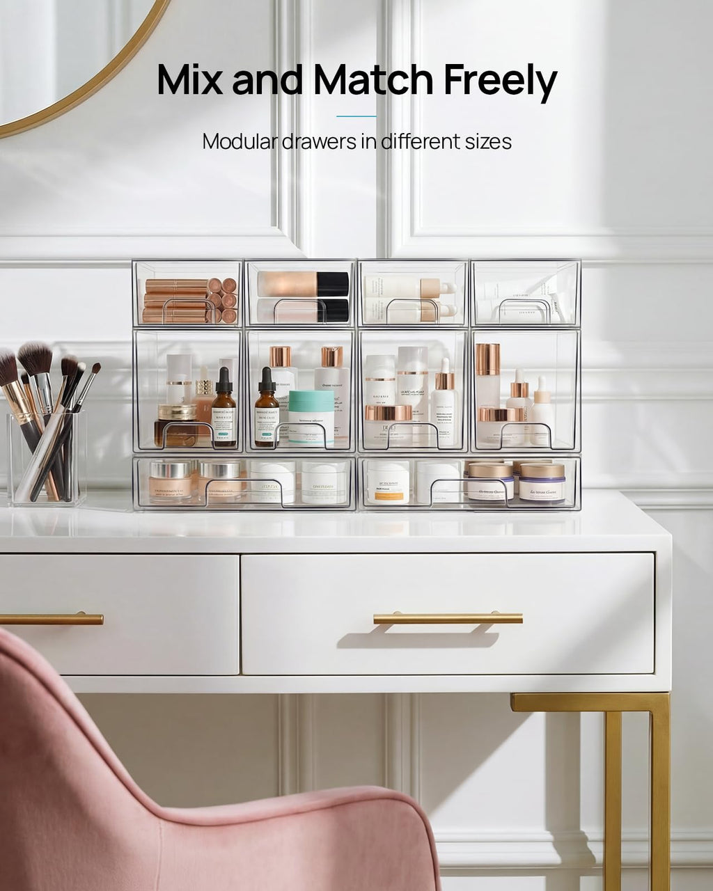 2 Pack Small Clear Stackable Storage Drawers,Acrylic Bathroom Makeup Organizer,Plastic Storage Bins for Vanity, Undersink, Kitchen Cabinets, Pantry, Home Organization