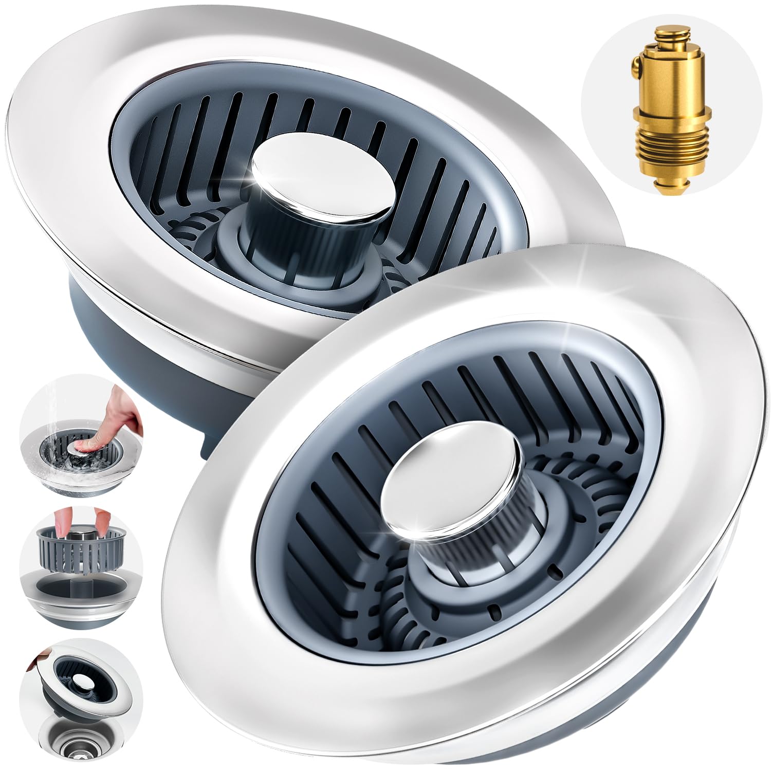 2 Pack Sink Drain Strainer, Sink Stopper, 3 in 1 Stainless Steel Kitchen Sink Drain Strainer with Anti-Clogging Basket, Fit US Standard 3-1/2 Inch Drain Hole