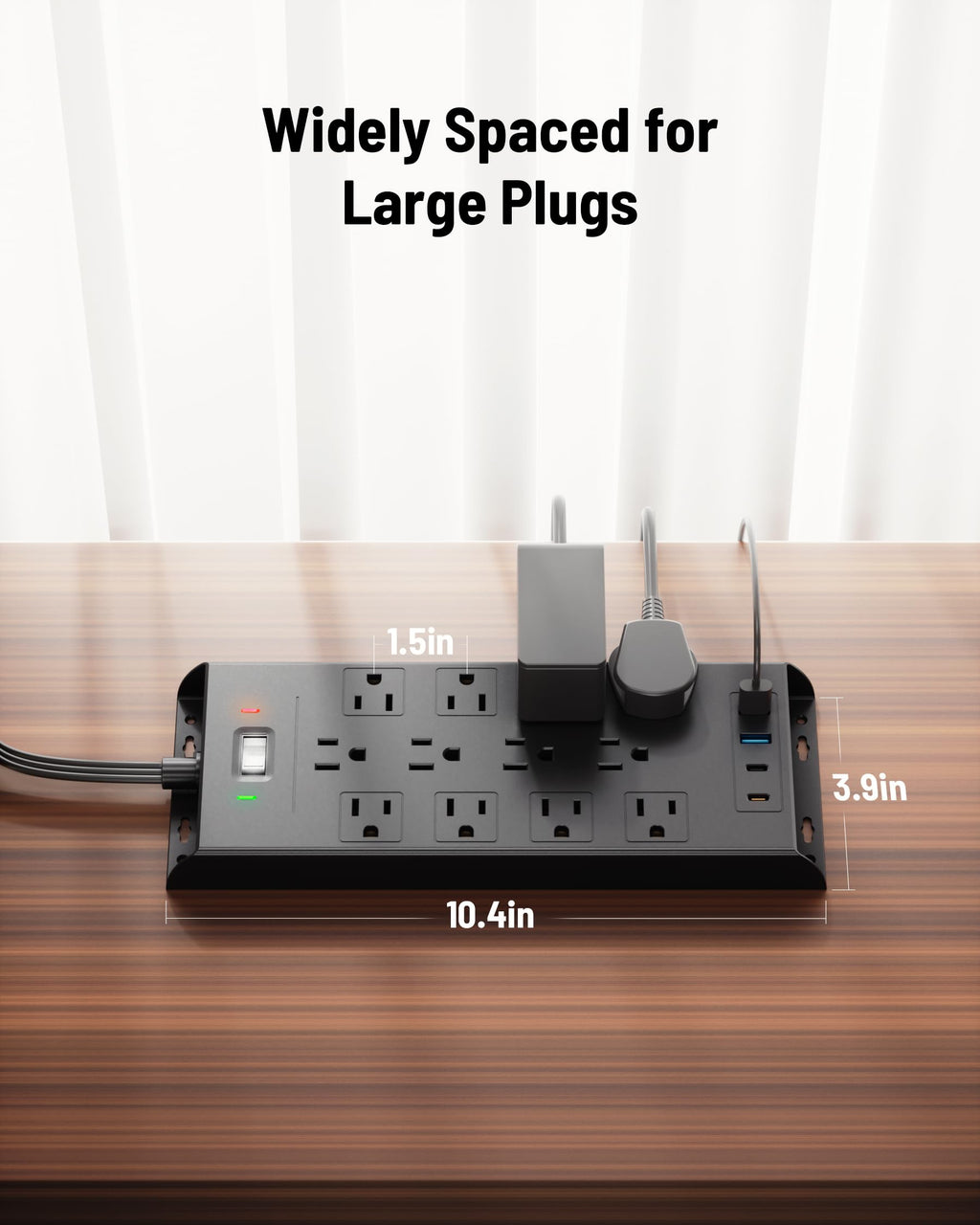 Surge Protector Power Strip 4800J, 10Ft Long Extension Cord Flat Plug, 12 Outlets 2 USB C 2 USB Ports, Wall Mountable, Desk Charging Station, Black