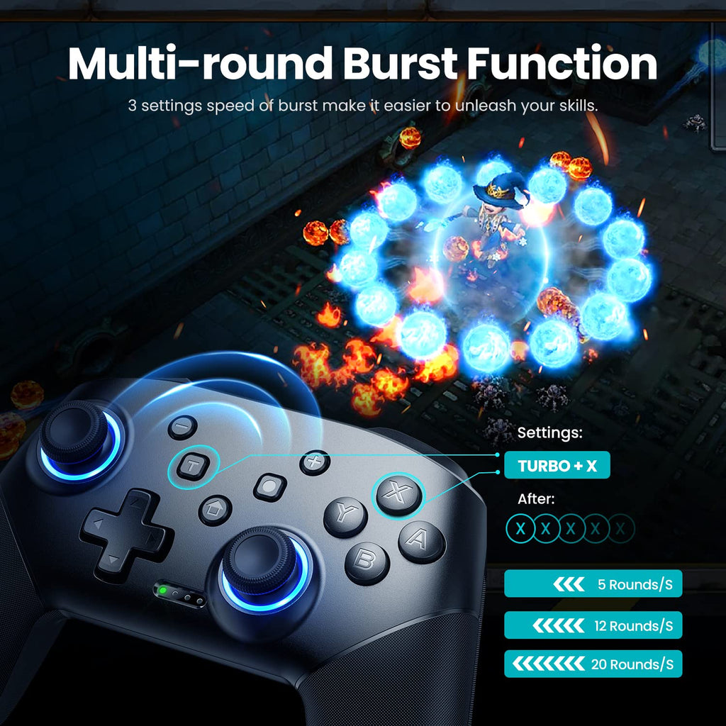 Switch Controller Wireless, Pro Controllers Compatible with Switch/Lite/OLED/PC, One-Key Pairing Gamepad with 9-Color RGB LEDs 6-Axis Motion Wake Up Function