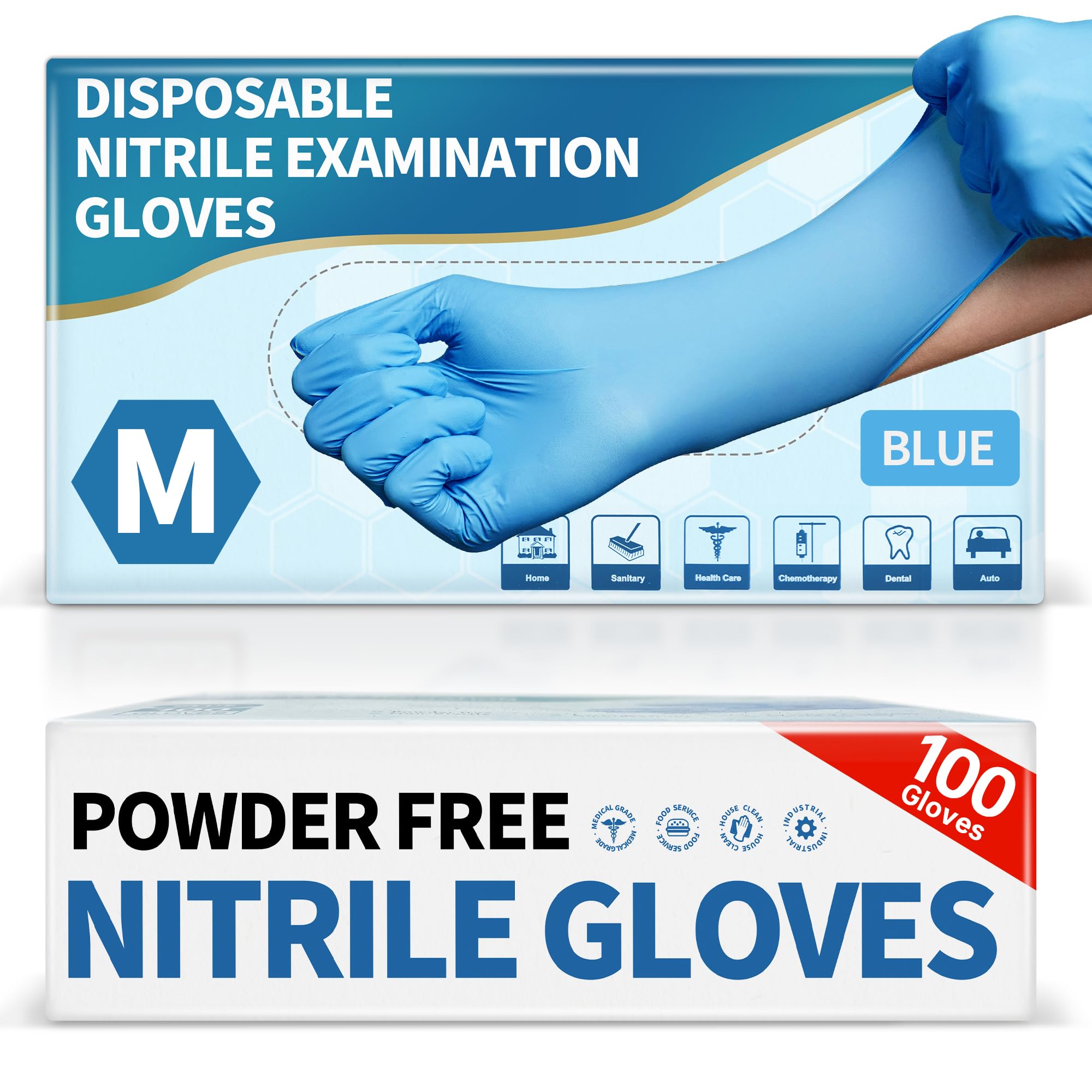 Powder-Free Nitrile Exam Gloves, 4.5 Mil, 100 Pcs Blue Disposable Latex-Free Food-Safe Medical Cleaning Cooking Gloves (Medium)