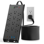 Surge Protector Power Strip 4800J, 10Ft Long Extension Cord Flat Plug, 12 Outlets 2 USB C 2 USB Ports, Wall Mountable, Desk Charging Station, Black
