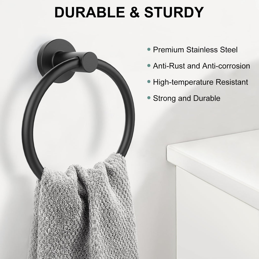 Towel Holder for Bathroom Wall Matte Black Towel Ring Stainless Steel Hand Towel Holder Heavy Duty Towel Hanger for Bath, Kitchen