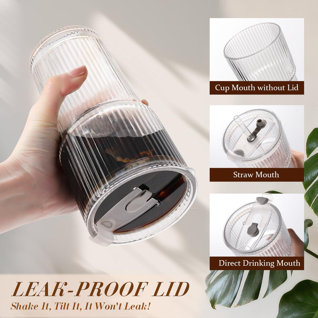 Iced Coffee Cups with Lids: Coffee Bar Accessories - Ribbed Glass Tumbler with Straw and Lid 4Pcs - 20oz Leak Proof Tumbler - Reusable Glass Cups and Tumblers with Lid and Straws for To Go Iced Coffee