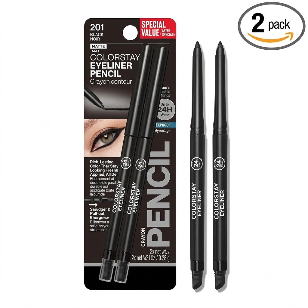 ColorStay Pencil Waterproof Eyeliner, Smudge-Proof, Eye Makeup with Built-In Sharpener, Long-Lasting, Matte Finish, 201 Black, 2 pack