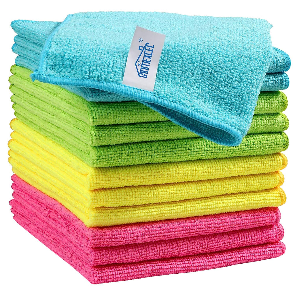 Microfiber Cleaning Cloth 210GSM, Pack of 12, Size:11.5" x 11.5", Ultra-Soft, High-Density Non-Abrasive Cleaning Towels for Cars, Glass, Kitchen, Reusable Rags, Blue/Green/Yellow/Pink