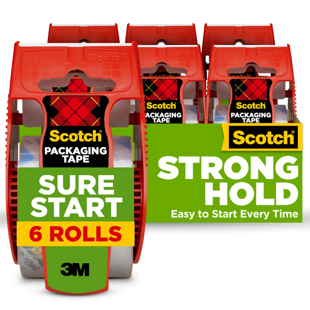 Sure Start Packing Tape, Clear, Quiet Unwind and Easy Start, 1.88 in. x 22.2 yd., 6 Tape Rolls with Dispensers