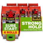 Sure Start Packing Tape, Clear, Quiet Unwind and Easy Start, 1.88 in. x 22.2 yd., 6 Tape Rolls with Dispensers