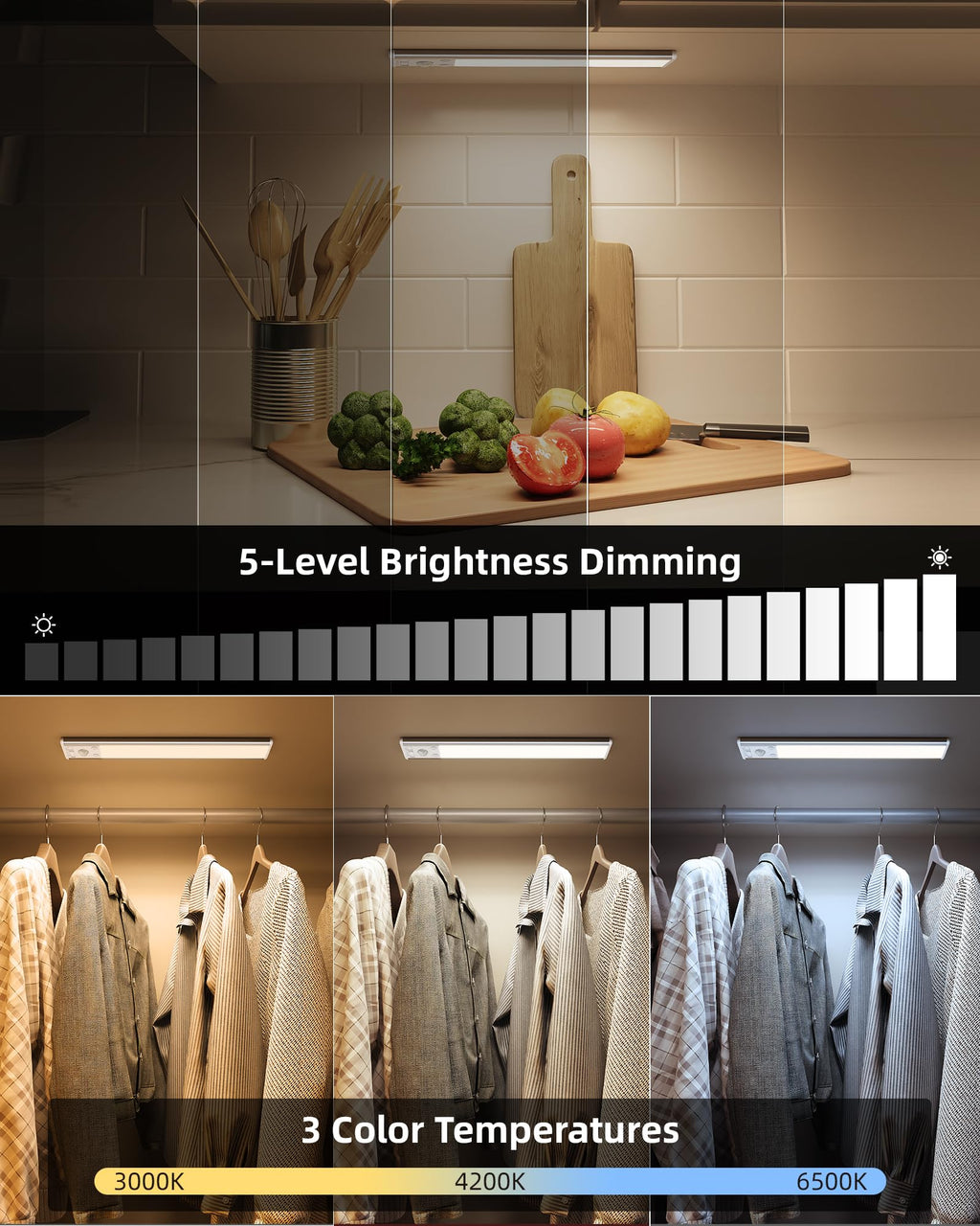 10inch Under Cabinet Lighting, 2500mAh Rechargeable Motion Sensor Lights Indoor with 3 Color Temps, 2 Pack Magnetic Closet Light, 80 LED Dimmable Under Counter Lights for Kitchen, Shelf, Stair