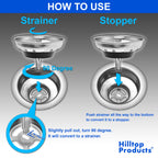 2 Pack - Kitchen Sink Strainer and Stopper Combo Basket Replacement for Standard 3-1/2 inch Drain, Stainless Steel Basket with Plastic Knob, Rubber Stopper Bottom